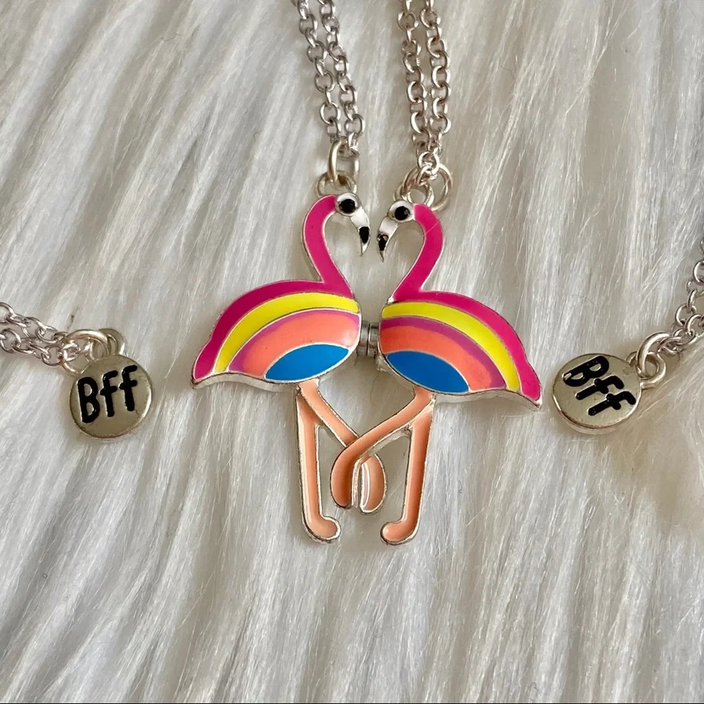 Silver Tone Magnetic Best Friend Forever BFF Rainbow Flamingo Pendant Necklaces